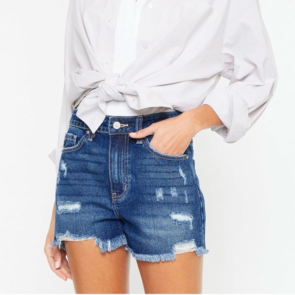 NEW Kancan Blue Distressed High Rise Cotton Denim Shorts Women’s Size Small